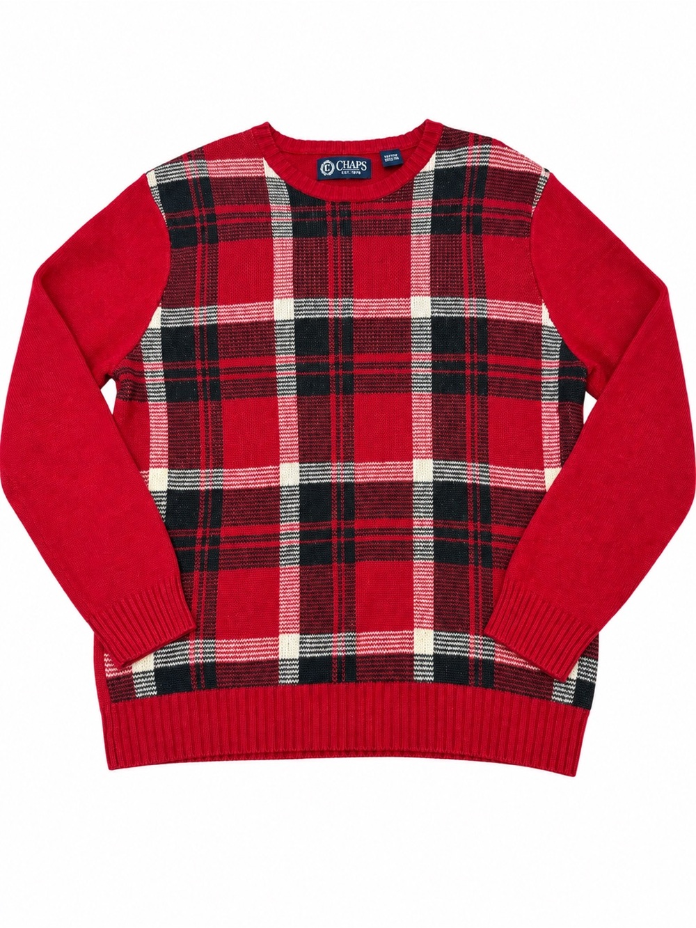 Chaps Men’s Small Red Plaid Crewneck Sweater Holiday